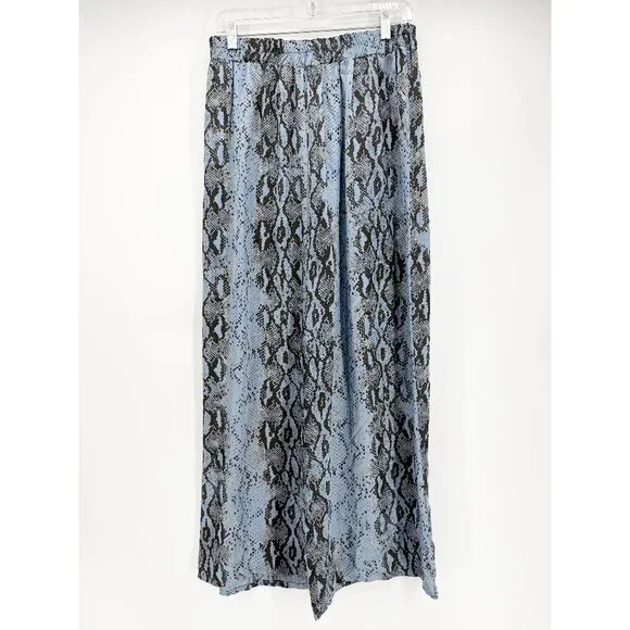 JACQUELINE B CLOTHING Flowy Satin Snake Pattern Pant in Denim Blue M/L - Picture 2 of 9